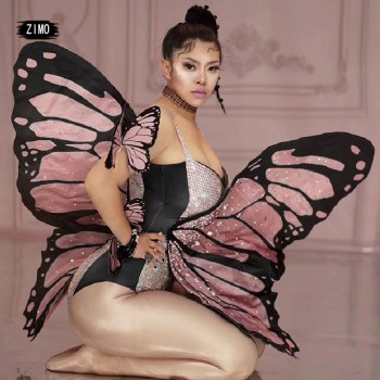 Festival butterfly wings rave accessories rhinestone bodysuit dance clothes women stage fairy costume